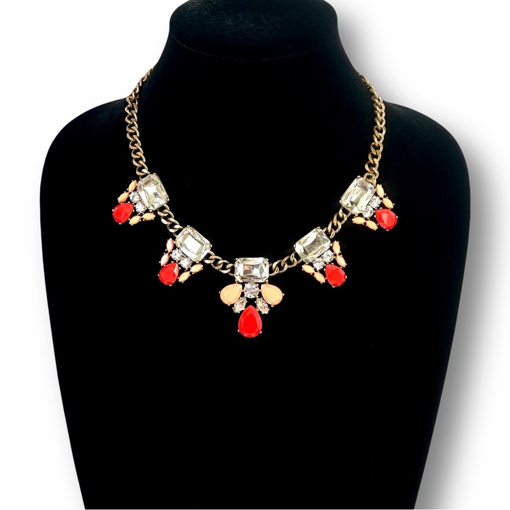 J. CREW Red & Orange Brass Statement Necklace with Crystal Accents - Picture 4 of 9